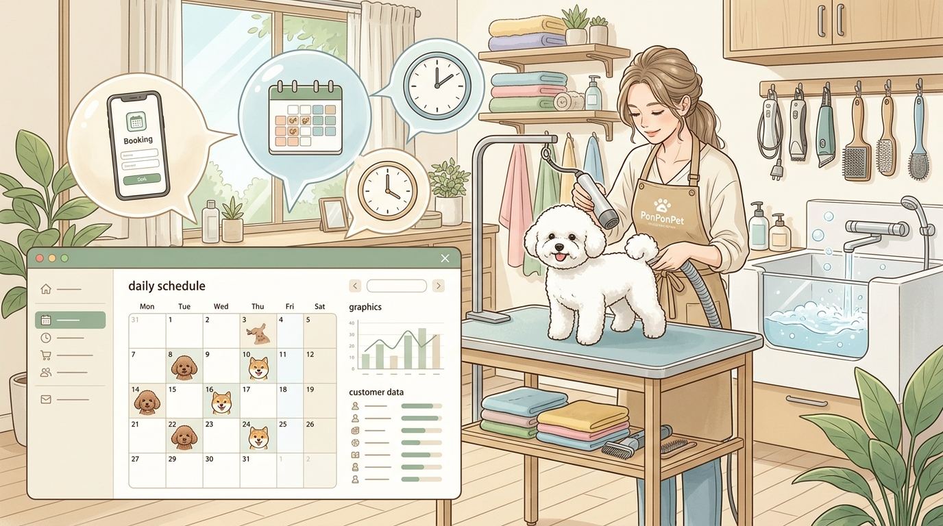 PonPonPet 預約管理插畫,呈現前台接待與排程安排