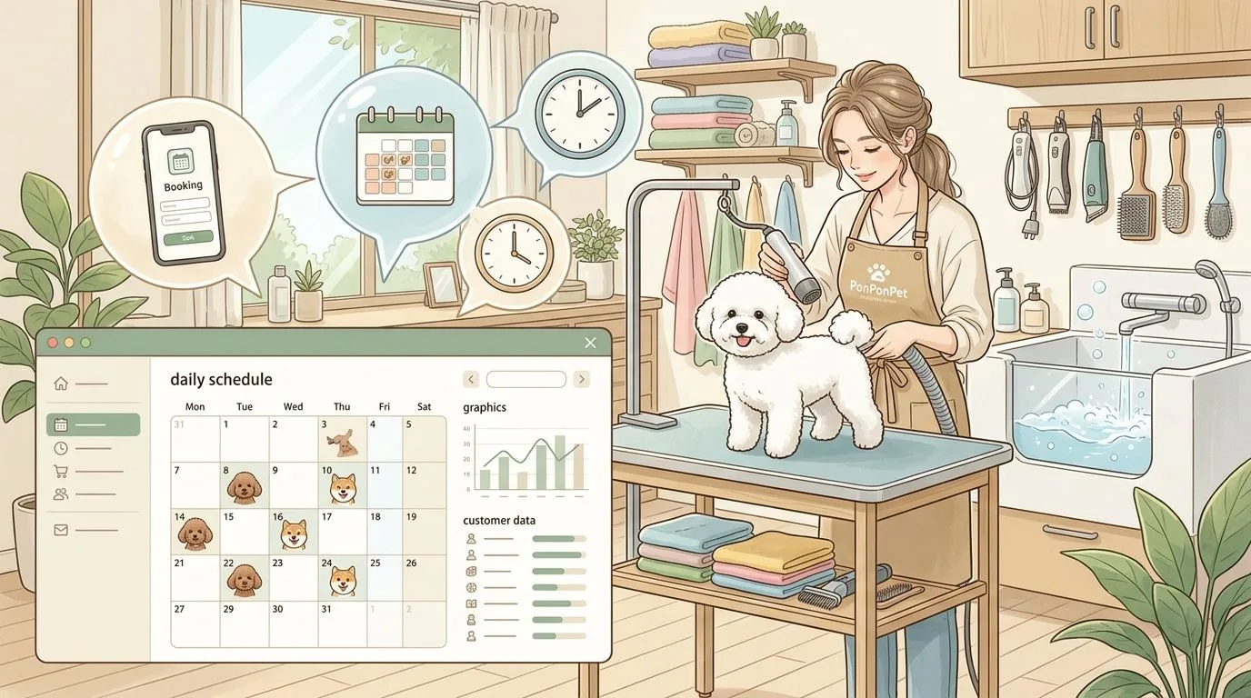 PonPonPet 預約管理插畫，呈現前台接待與排程安排