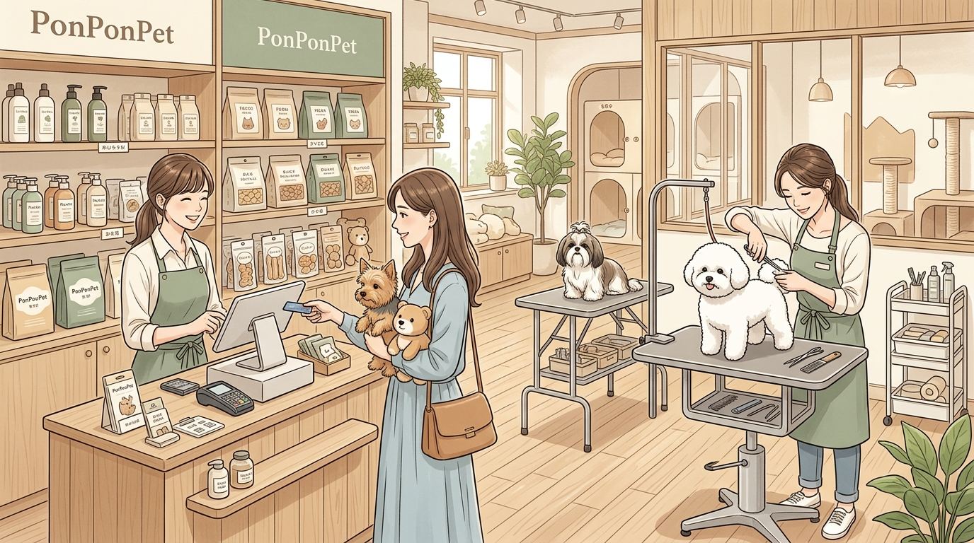 PonPonPet 收銀與營運流程插畫,呈現門市結帳與營運流程整理