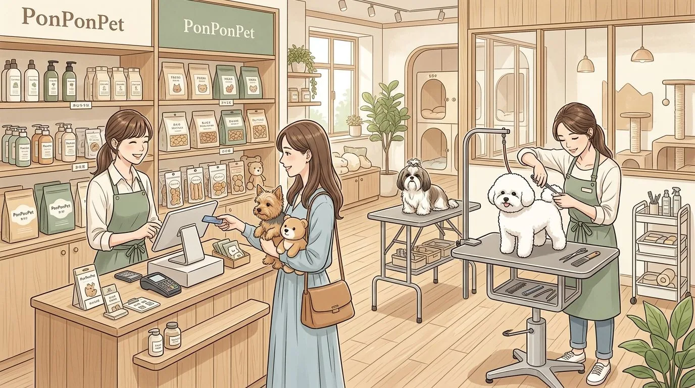 PonPonPet 收銀與營運流程插畫，呈現門市結帳與營運流程整理