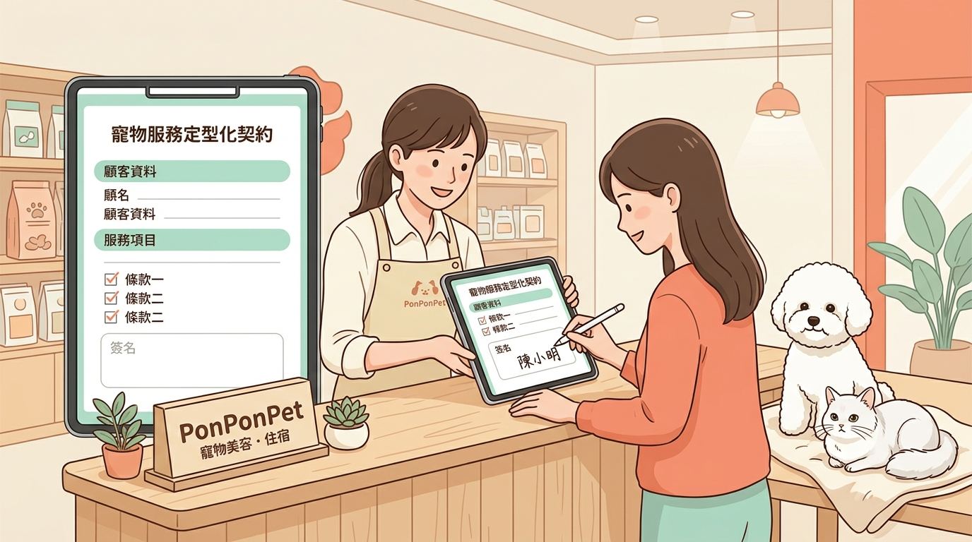 PonPonPet 美容服務定型化契約簽署插畫,呈現門市櫃台以平板完成契約確認與簽署流程