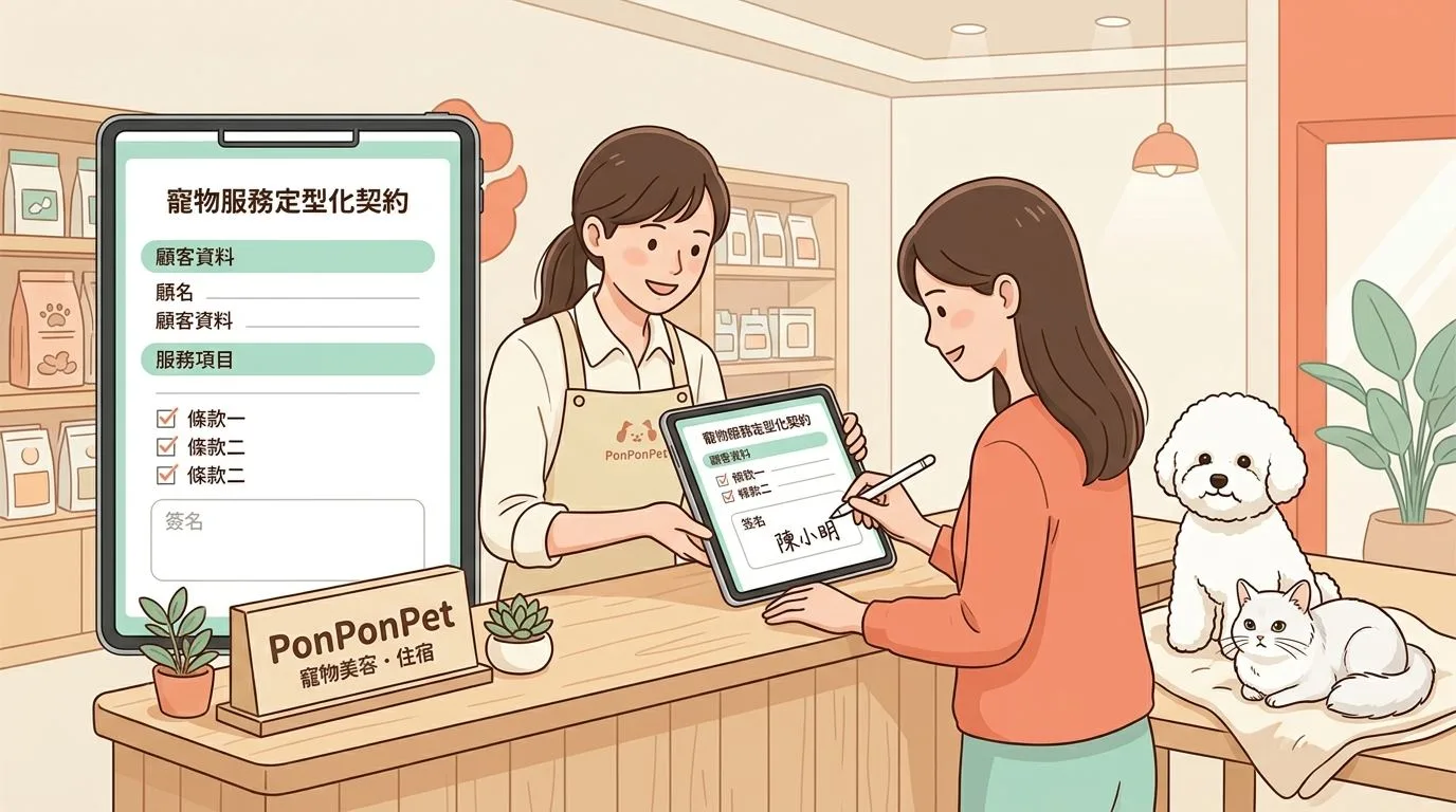 PonPonPet 美容服務定型化契約簽署插畫，呈現門市櫃台以平板完成契約確認與簽署流程
