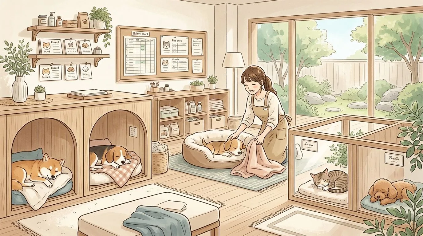 PonPonPet 住宿管理插畫，呈現安心的寵物住宿與照護氛圍
