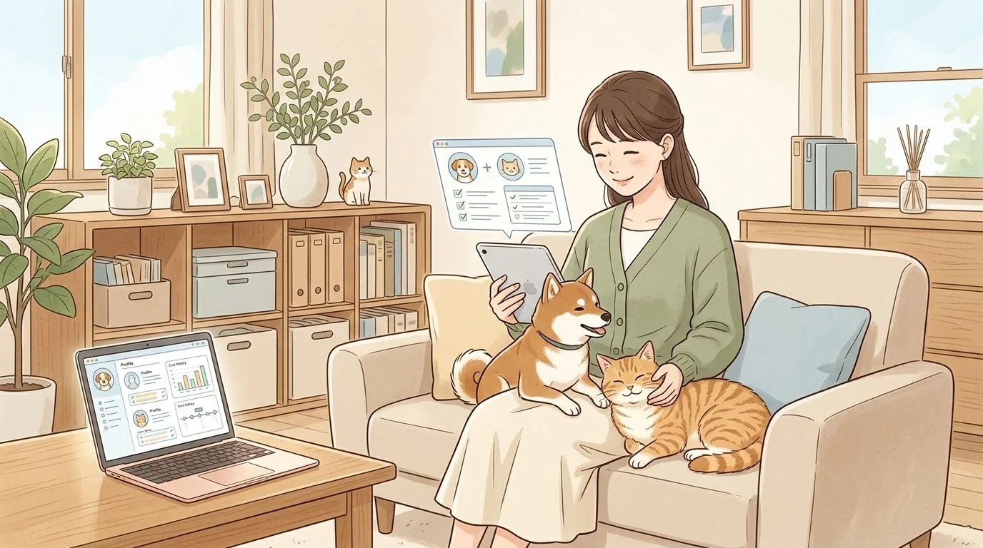 PonPonPet 會員與寵物資料插畫，呈現飼主關係與照護記錄感