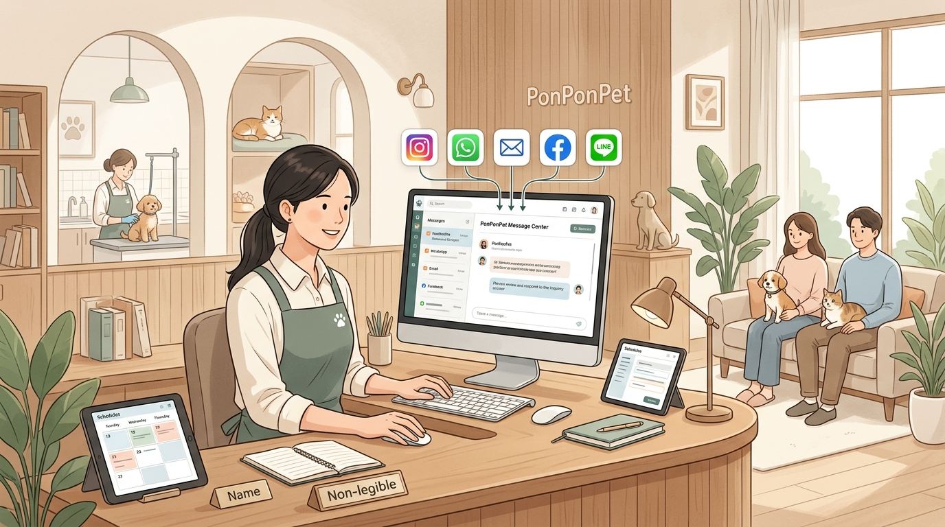 PonPonPet 訊息中心插畫,呈現外部平台訊息集中與接待溝通整理