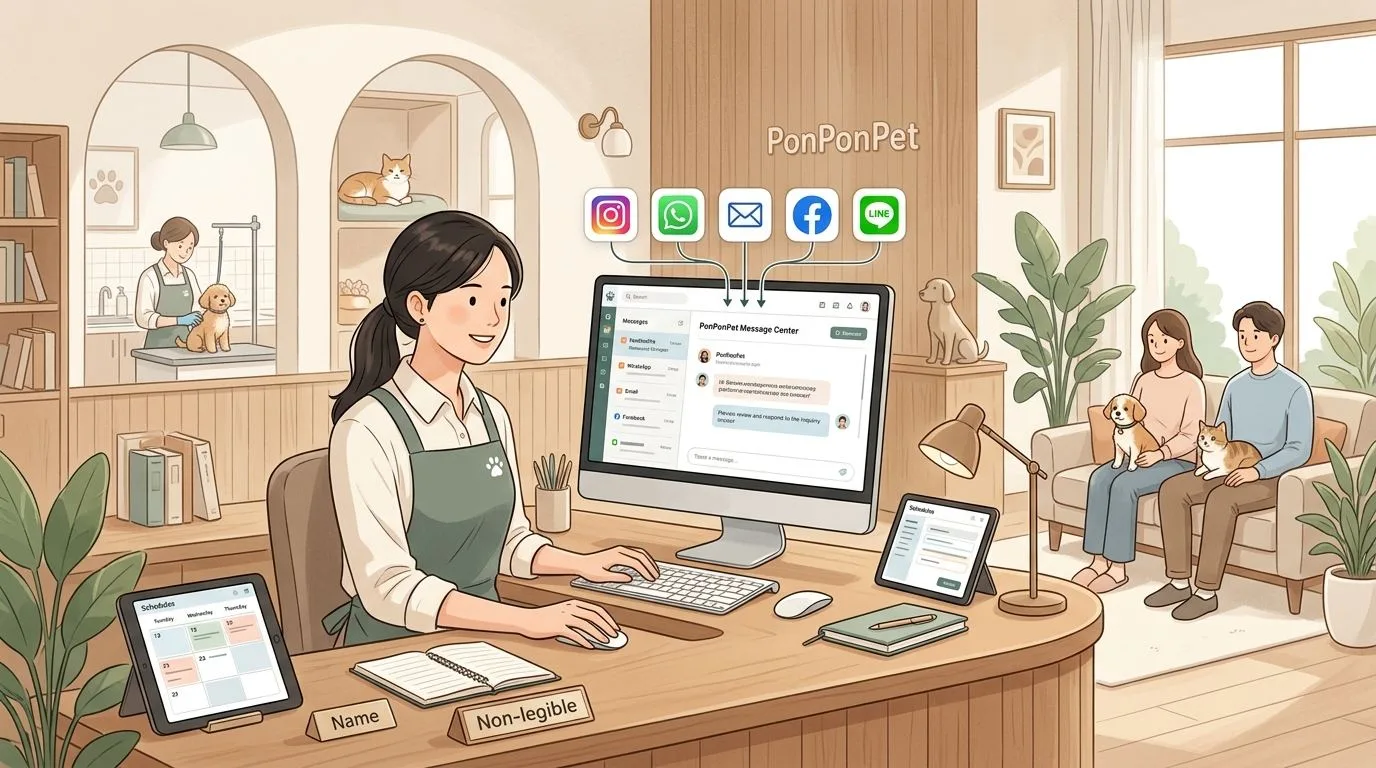 PonPonPet 訊息中心插畫，呈現外部平台訊息集中與接待溝通整理