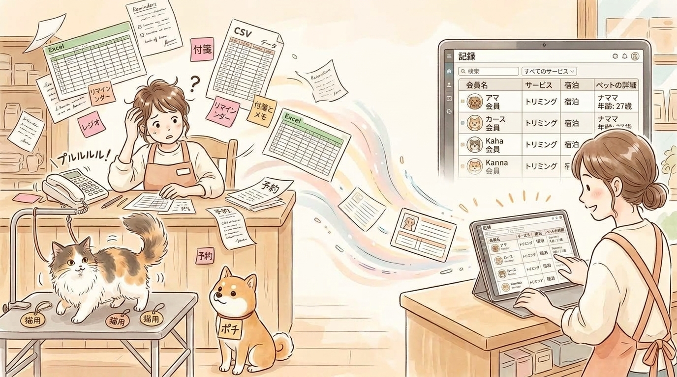PonPonPet 資料導入支援插畫，呈現從 Excel 與 CSV 整理會員、毛孩與服務資料的安心感