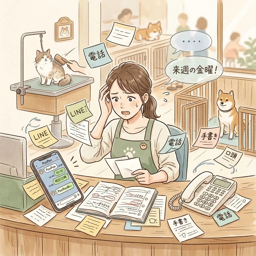 PonPonPet 痛點插畫，呈現預約資訊分散造成混亂