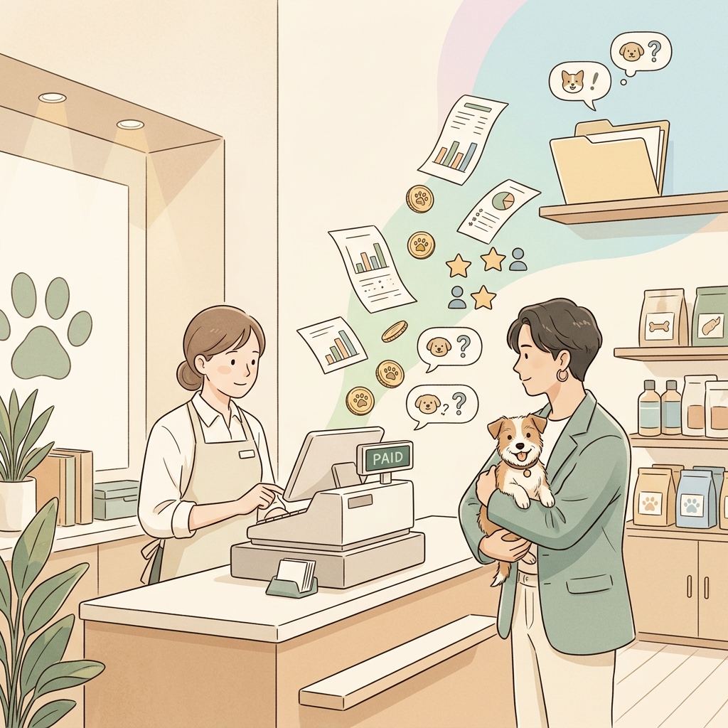 PonPonPet 痛點插畫,呈現收銀完成後資料仍分散無法回到決策