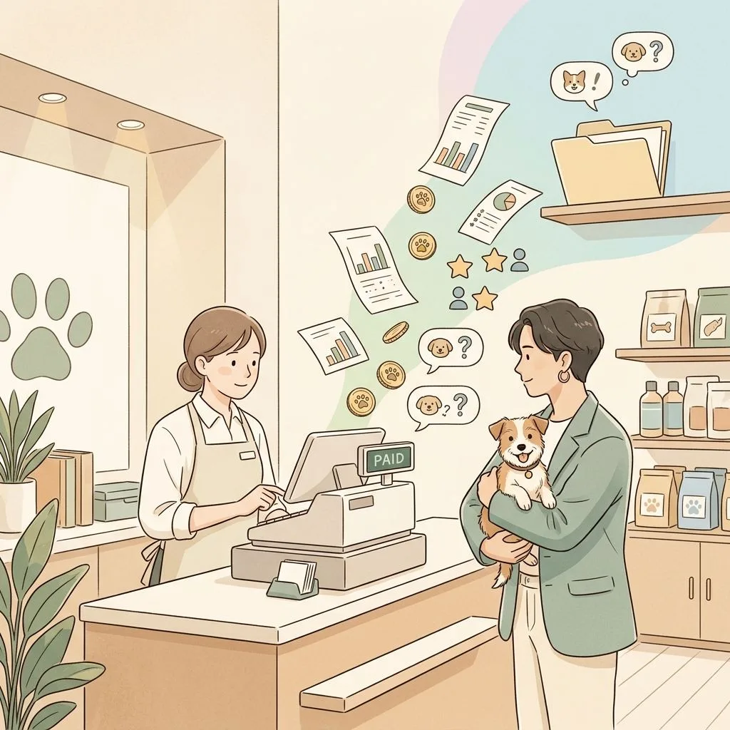 PonPonPet 痛點插畫，呈現收銀完成後資料仍分散無法回到決策