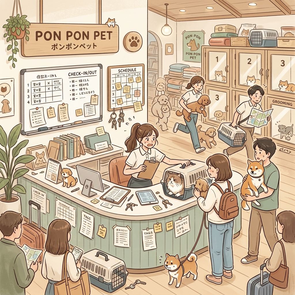 PonPonPet 痛點插畫,呈現住宿交接與入住退房安排混亂