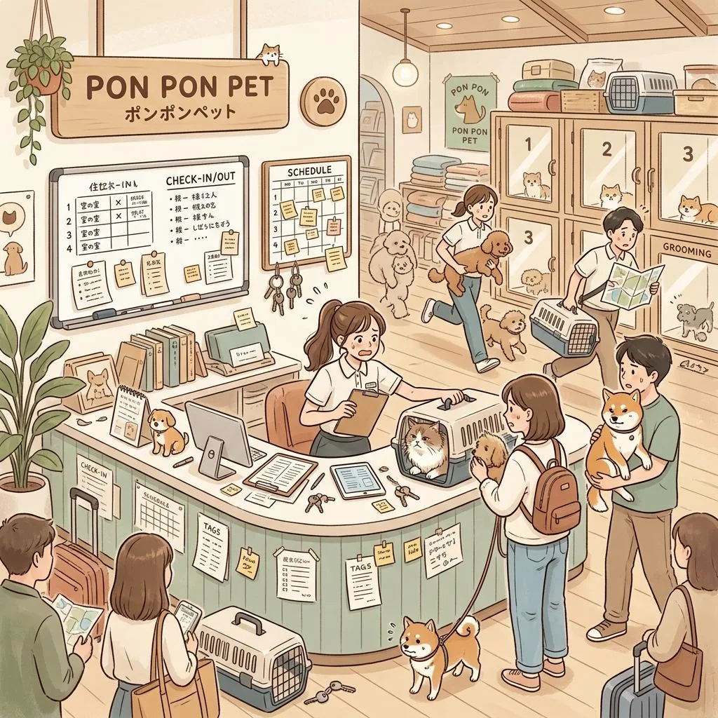 PonPonPet 痛點插畫，呈現住宿交接與入住退房安排混亂