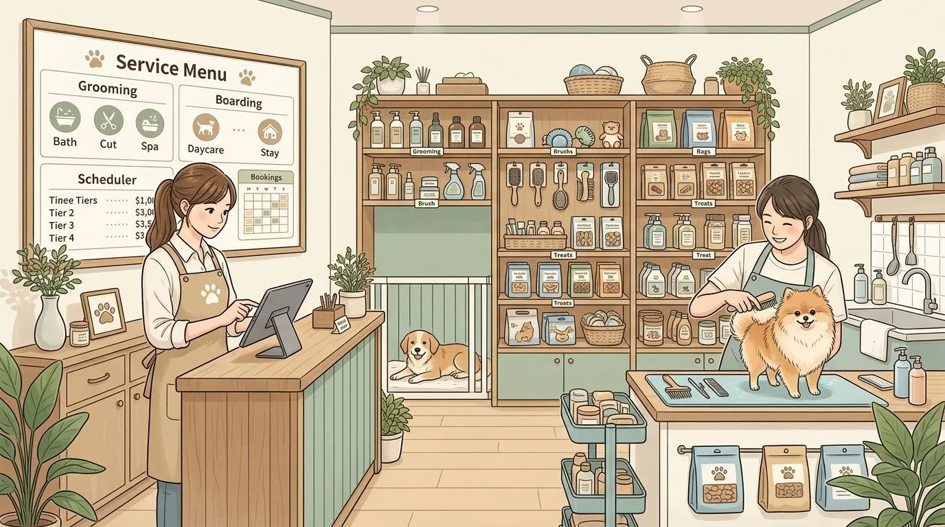 PonPonPet 商品與服務管理插畫，呈現門市商品陳列與服務項目整理