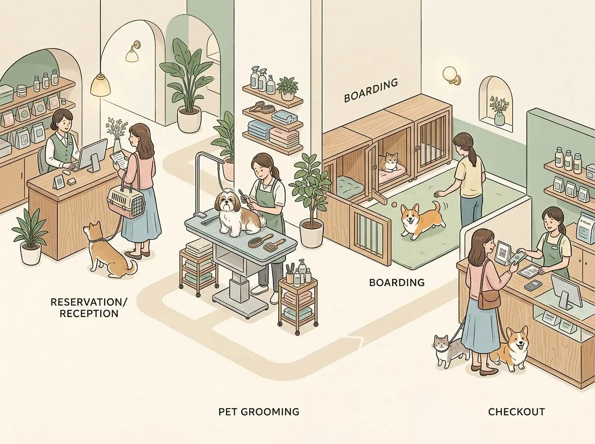 PonPonPet Solution 示意圖，呈現把日常店務流程整理回同一套系統