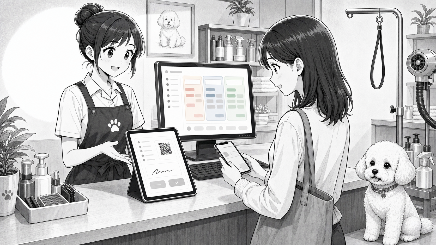 PonPonPet 工作流程漫畫，美容師在櫃台用 iPad 讓飼主掃描定型化契約 QR code 並完成簽署
